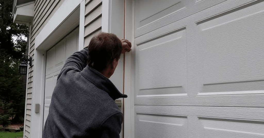 Man fixing weather seal on garage door.